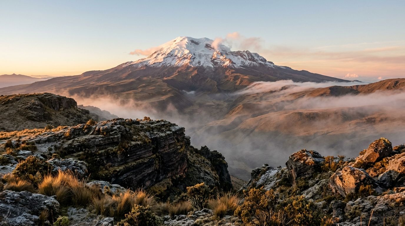 Estratovolcán nevado de los Andes al amanecer, con afloramientos de roca volcánica en primer plano