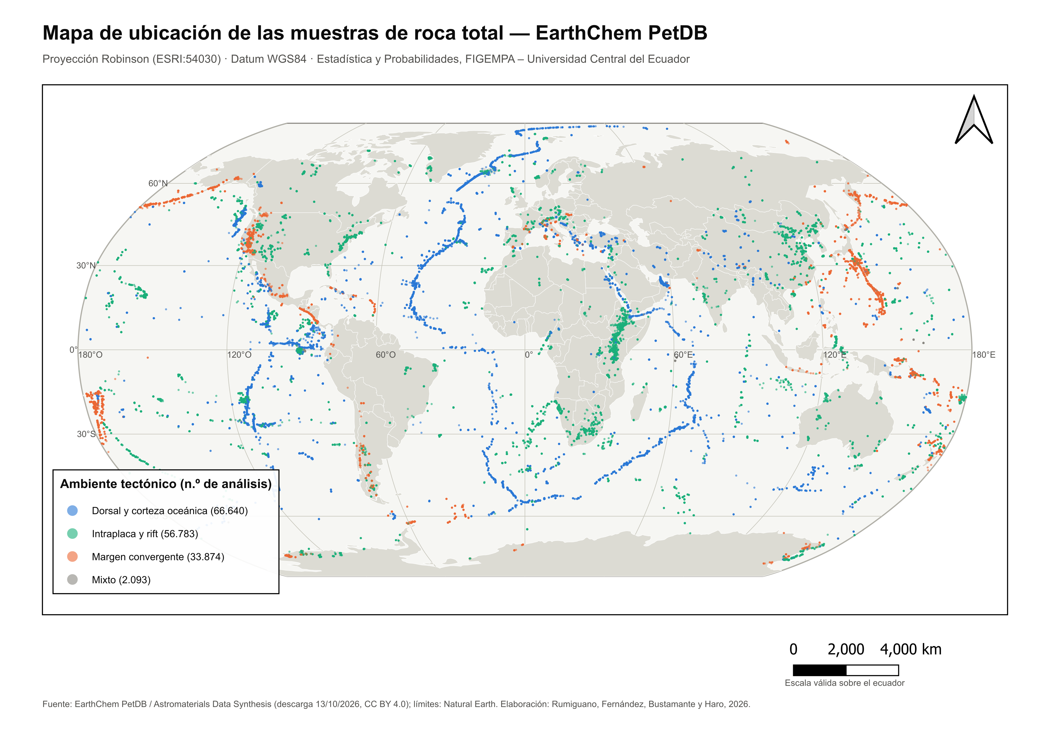 Mapa de ubicación en QGIS: puntos coloreados por ambiente tectónico sobre un planisferio en proyección Robinson
